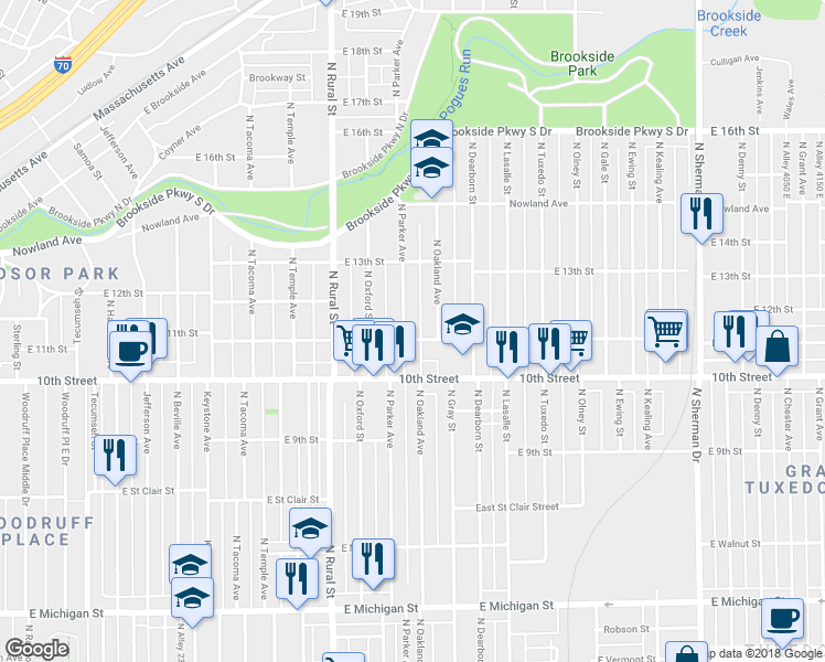 map of restaurants, bars, coffee shops, grocery stores, and more near 1115 North Parker Avenue in Indianapolis
