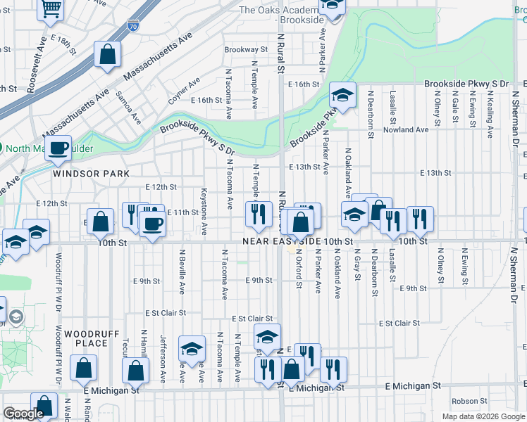 map of restaurants, bars, coffee shops, grocery stores, and more near 1115 North Temple Avenue in Indianapolis
