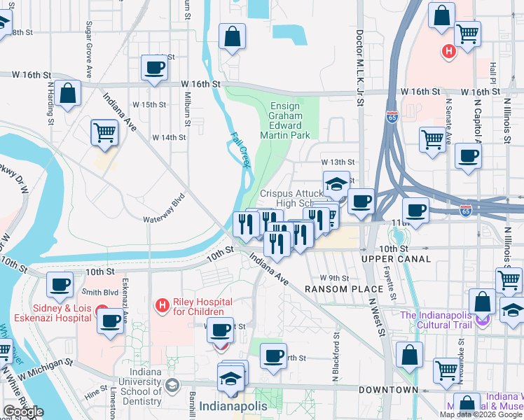 map of restaurants, bars, coffee shops, grocery stores, and more near 1139 Fall Creek Parkway East Drive in Indianapolis