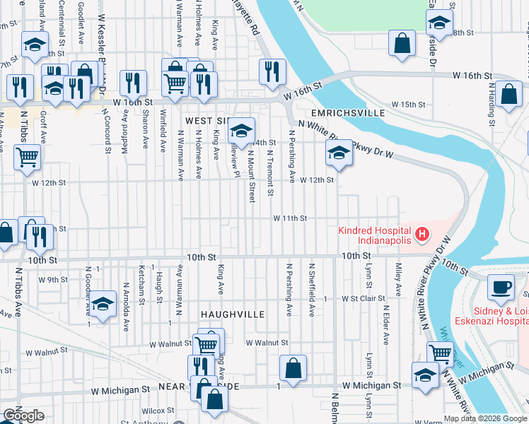 map of restaurants, bars, coffee shops, grocery stores, and more near 1117 North Tremont Street in Indianapolis
