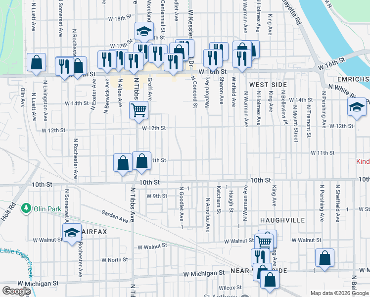 map of restaurants, bars, coffee shops, grocery stores, and more near 1126 North Concord Street in Indianapolis