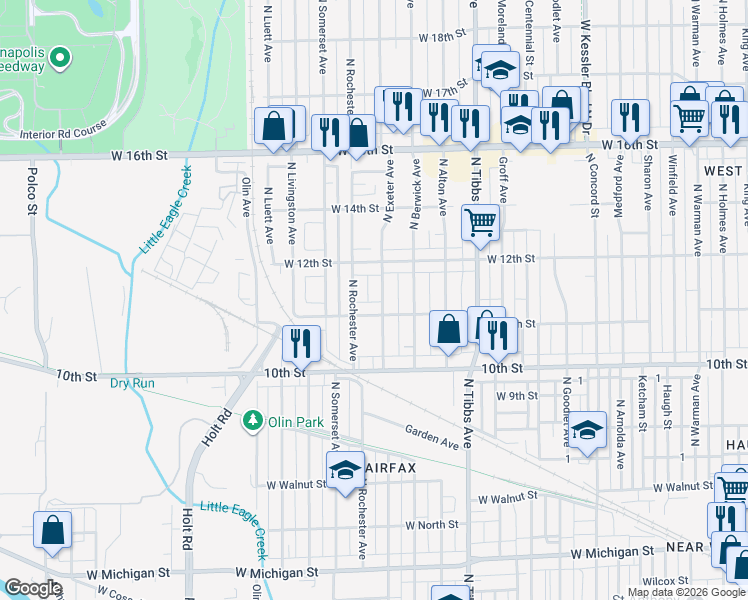 map of restaurants, bars, coffee shops, grocery stores, and more near 1126 North Exeter Avenue in Indianapolis