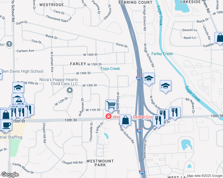map of restaurants, bars, coffee shops, grocery stores, and more near 1298 North Glen Arm Road in Indianapolis