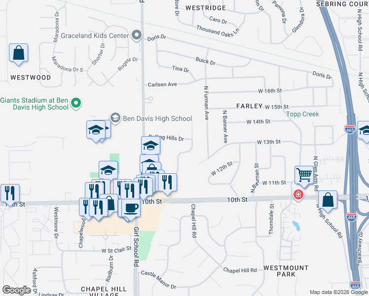 map of restaurants, bars, coffee shops, grocery stores, and more near 7101 Rolling Hills Drive in Indianapolis