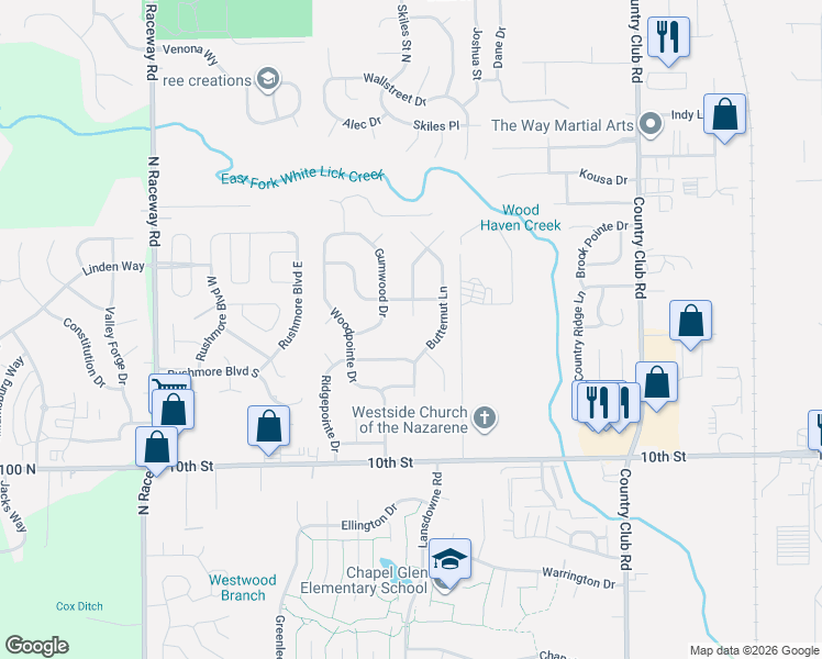 map of restaurants, bars, coffee shops, grocery stores, and more near 1317 Lansdowne Road in Indianapolis
