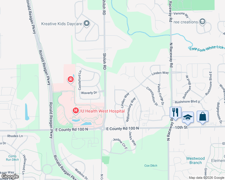 map of restaurants, bars, coffee shops, grocery stores, and more near 1303 North Co Road 1050 East in Indianapolis