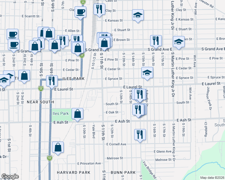 map of restaurants, bars, coffee shops, grocery stores, and more near 1124 East Laurel Street in Springfield