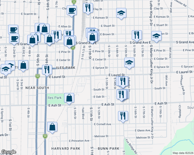 map of restaurants, bars, coffee shops, grocery stores, and more near 1124 East Laurel Street in Springfield