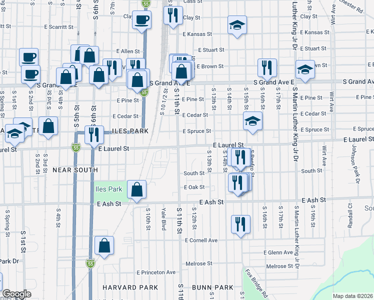 map of restaurants, bars, coffee shops, grocery stores, and more near 1124 East Laurel Street in Springfield