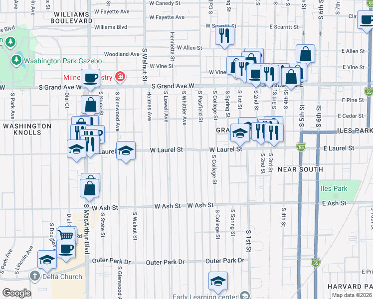 map of restaurants, bars, coffee shops, grocery stores, and more near 1624 South Whittier Avenue in Springfield