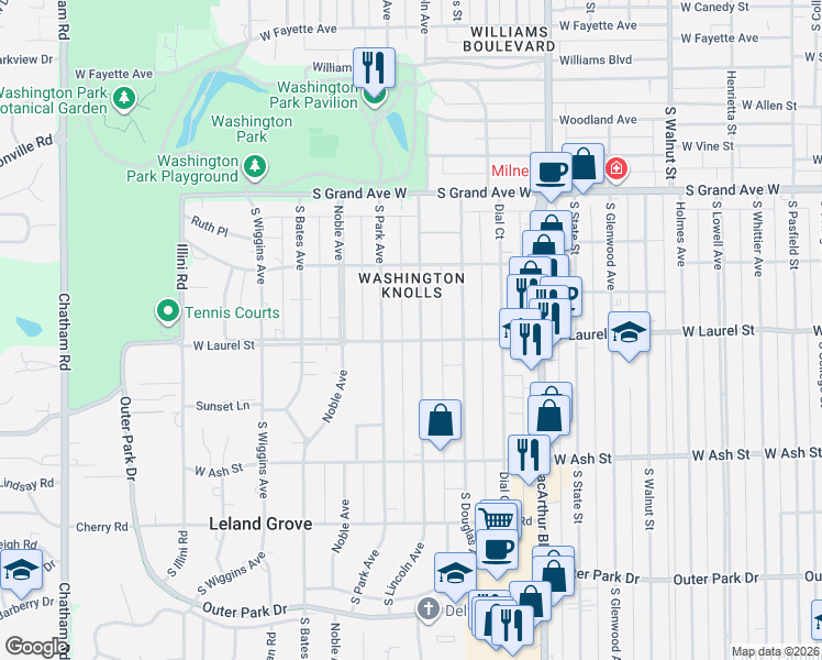 map of restaurants, bars, coffee shops, grocery stores, and more near 1601 South Lincoln Avenue in Springfield