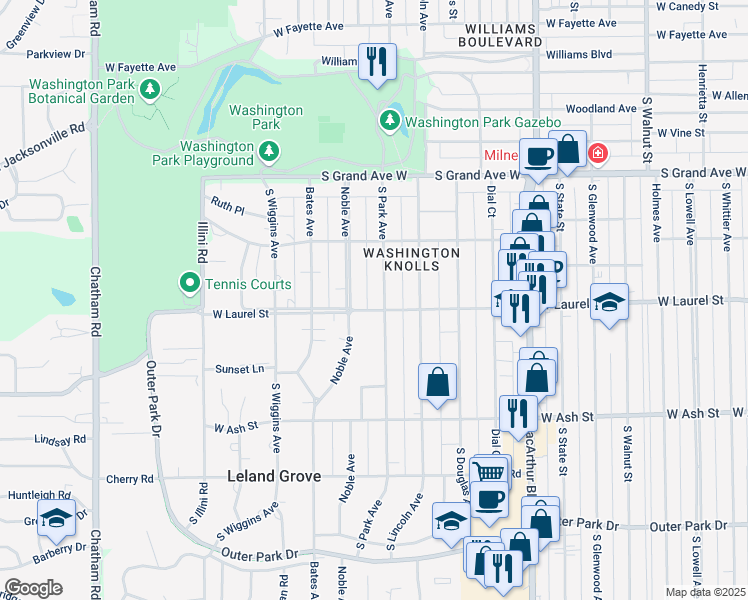 map of restaurants, bars, coffee shops, grocery stores, and more near 1620 South Park Avenue in Springfield