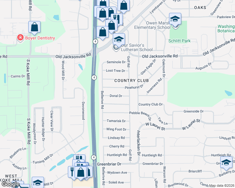 map of restaurants, bars, coffee shops, grocery stores, and more near 155 Doral Dr in Springfield