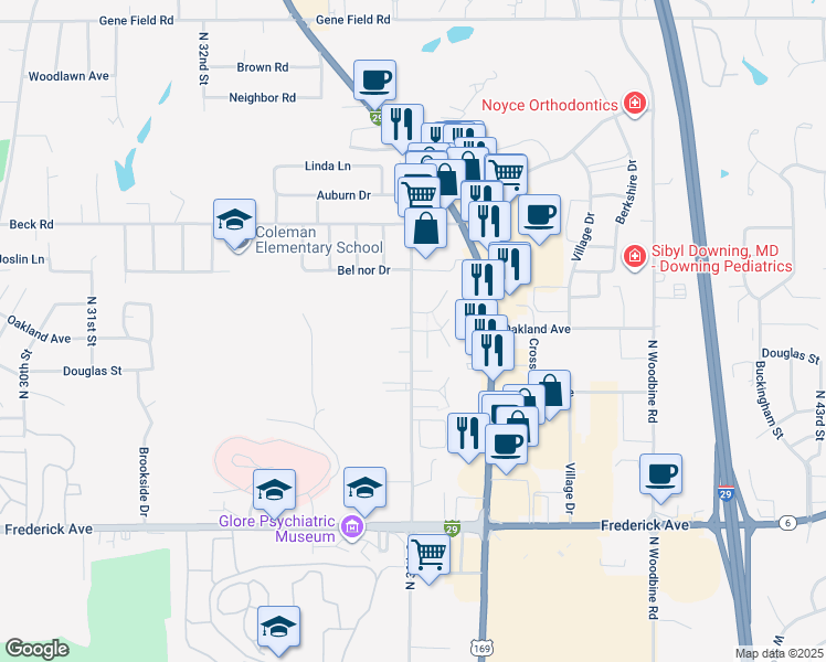 map of restaurants, bars, coffee shops, grocery stores, and more near 1602 North 36th Street in Saint Joseph