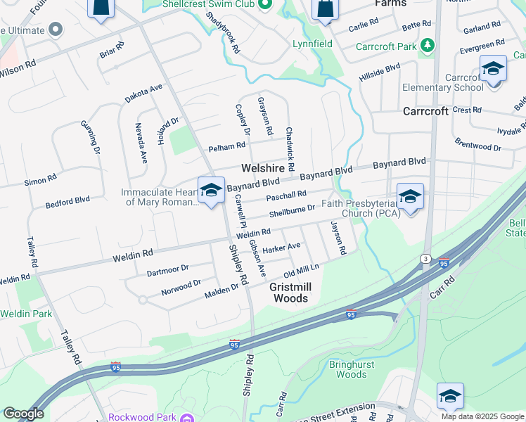 map of restaurants, bars, coffee shops, grocery stores, and more near 36 Paschall Road in Wilmington