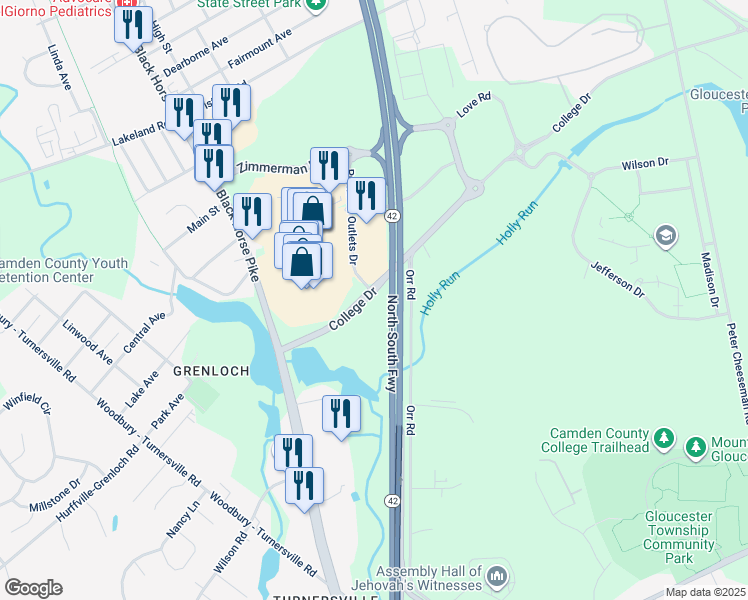 map of restaurants, bars, coffee shops, grocery stores, and more near 150 College Drive in Camden County