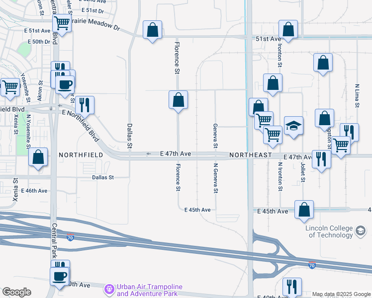 map of restaurants, bars, coffee shops, grocery stores, and more near 4700 Florence Street in Denver