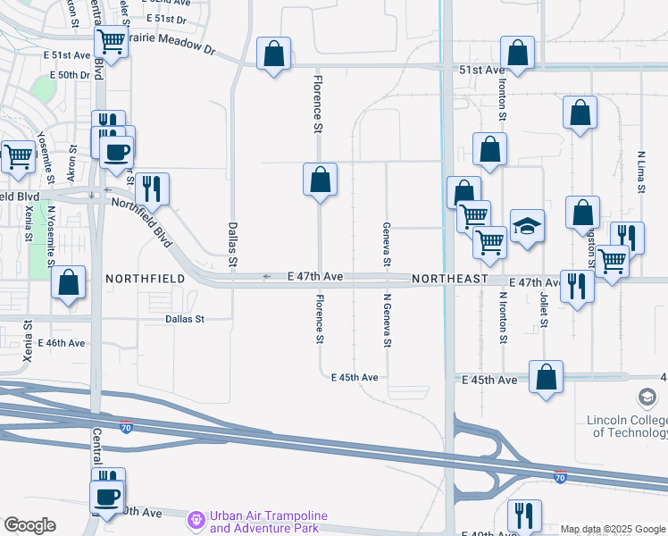 map of restaurants, bars, coffee shops, grocery stores, and more near 4700 Florence Street in Denver