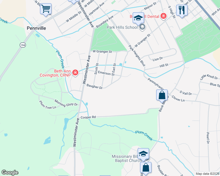 map of restaurants, bars, coffee shops, grocery stores, and more near 170 Baugher Dr in Hanover