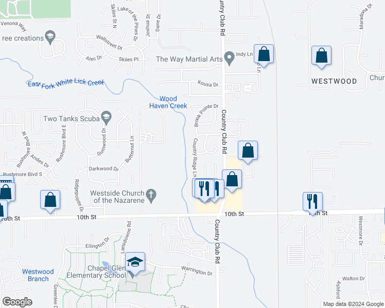 map of restaurants, bars, coffee shops, grocery stores, and more near 1312 Country Ridge Lane in Indianapolis