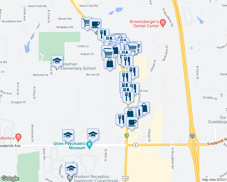 map of restaurants, bars, coffee shops, grocery stores, and more near 1601 North 36th Street in St. Joseph