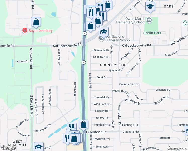 map of restaurants, bars, coffee shops, grocery stores, and more near 155 Doral Drive in Springfield