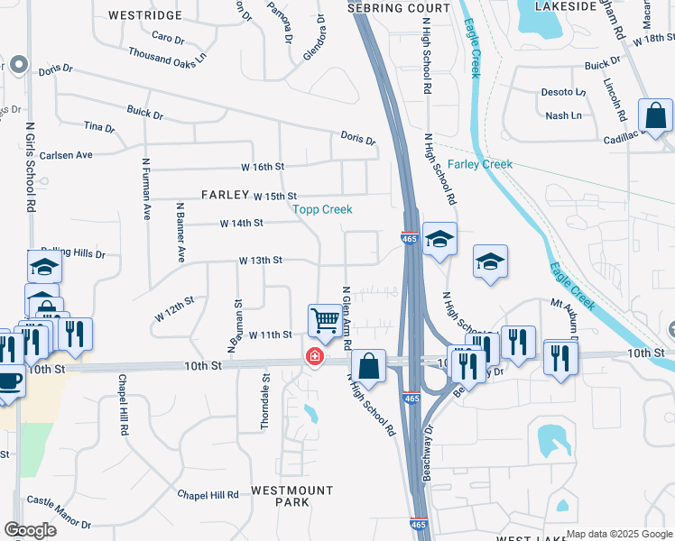 map of restaurants, bars, coffee shops, grocery stores, and more near 1298 North Glen Arm Road in Indianapolis