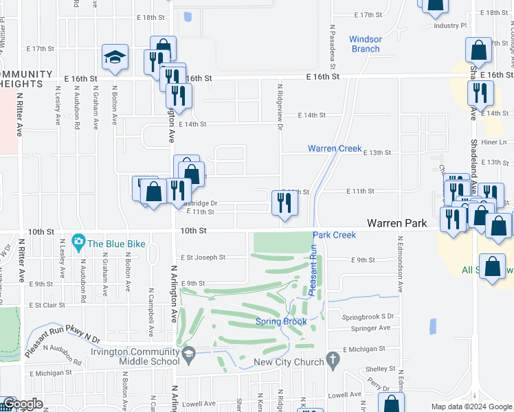 map of restaurants, bars, coffee shops, grocery stores, and more near 6230 Eastridge Drive in Indianapolis