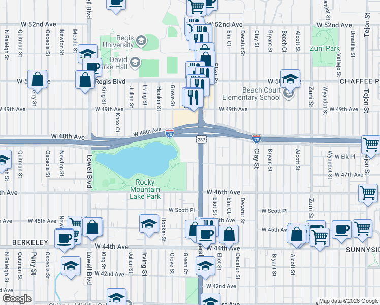 map of restaurants, bars, coffee shops, grocery stores, and more near 4745 Federal Boulevard in Denver