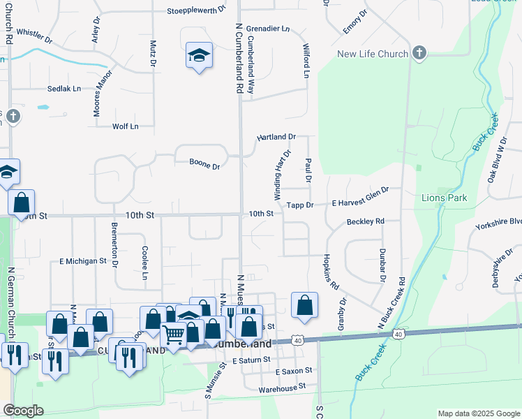map of restaurants, bars, coffee shops, grocery stores, and more near 11736 East 10th Street in Indianapolis
