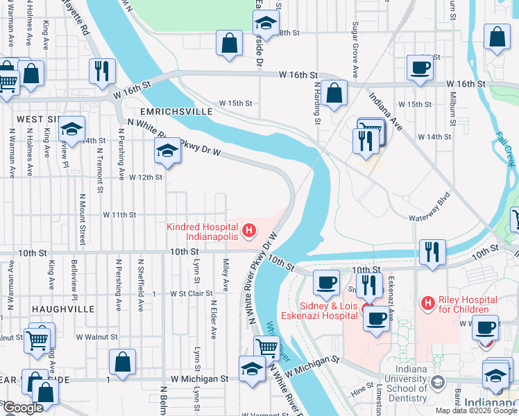 map of restaurants, bars, coffee shops, grocery stores, and more near 1150 North White River Parkway Drive West in Indianapolis