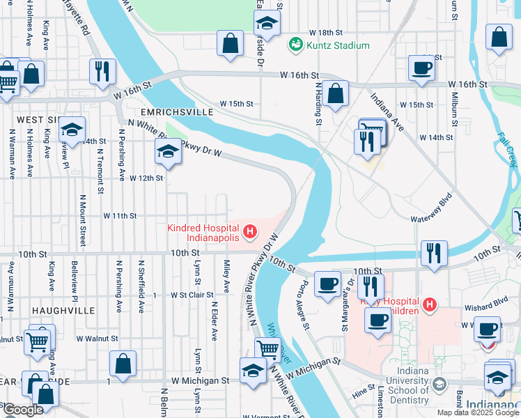 map of restaurants, bars, coffee shops, grocery stores, and more near 1150 North White River Parkway Drive West in Indianapolis