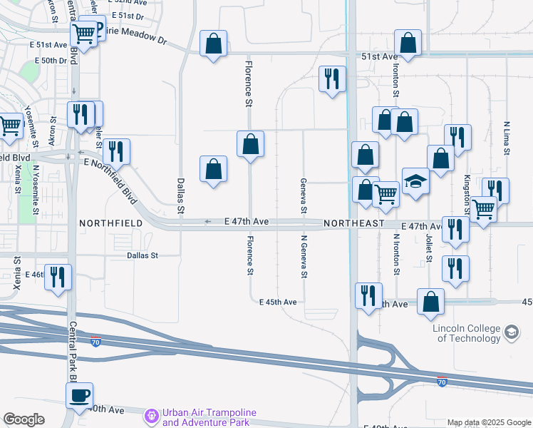 map of restaurants, bars, coffee shops, grocery stores, and more near 10235 East 47th Avenue in Denver