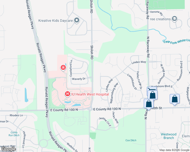 map of restaurants, bars, coffee shops, grocery stores, and more near 1303 North Co Road 1050 East in Indianapolis