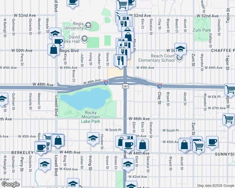 map of restaurants, bars, coffee shops, grocery stores, and more near 4745 Federal Boulevard in Denver