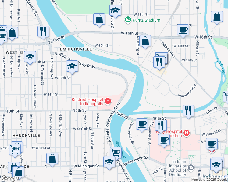 map of restaurants, bars, coffee shops, grocery stores, and more near 1150 North White River Parkway Drive West in Indianapolis