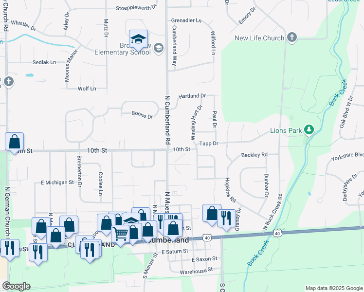 map of restaurants, bars, coffee shops, grocery stores, and more near 11736 East 10th Street in Indianapolis