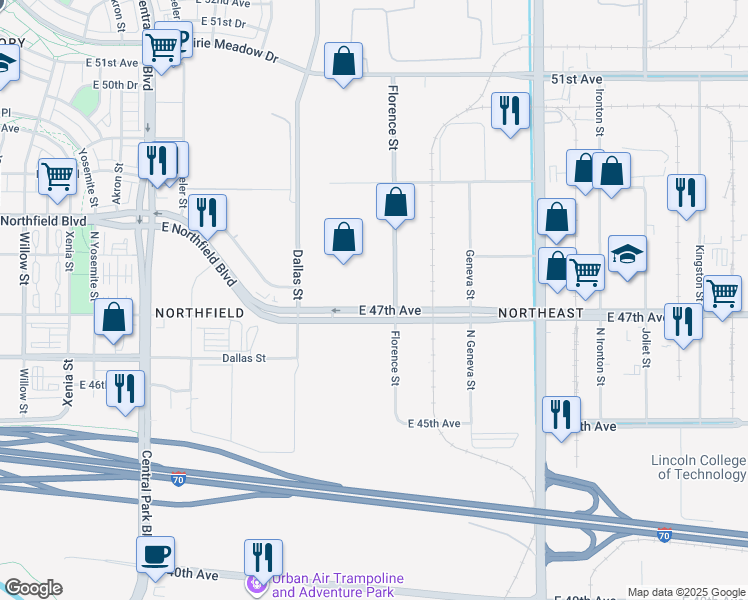 map of restaurants, bars, coffee shops, grocery stores, and more near 4735 Florence Street in Denver