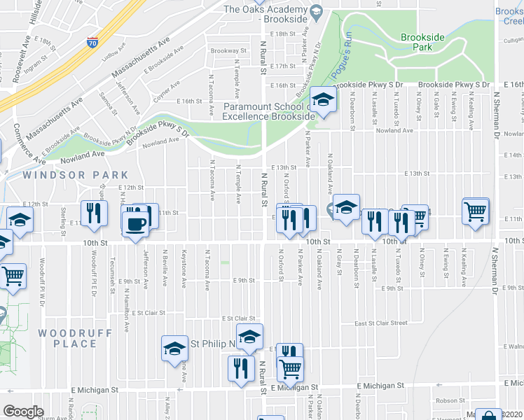 map of restaurants, bars, coffee shops, grocery stores, and more near 1112 North Rural Street in Indianapolis