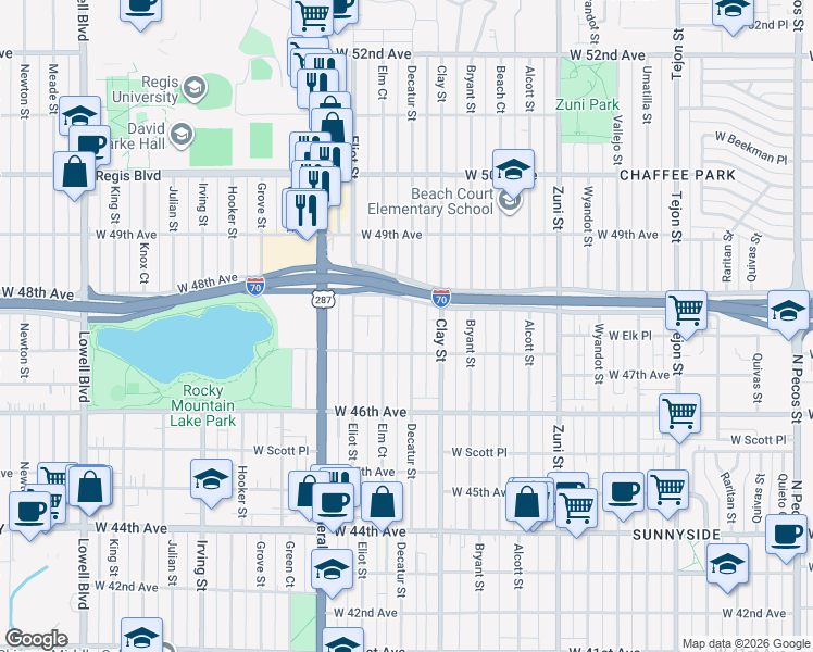map of restaurants, bars, coffee shops, grocery stores, and more near 4736 Elm Court in Denver