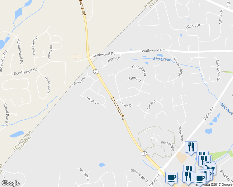 map of restaurants, bars, coffee shops, grocery stores, and more near 503 Stenning Drive in Hockessin