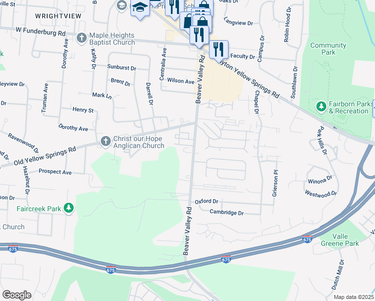 map of restaurants, bars, coffee shops, grocery stores, and more near 2165 Beaver Valley Road in Fairborn