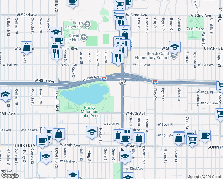 map of restaurants, bars, coffee shops, grocery stores, and more near 4765 Federal Boulevard in Denver