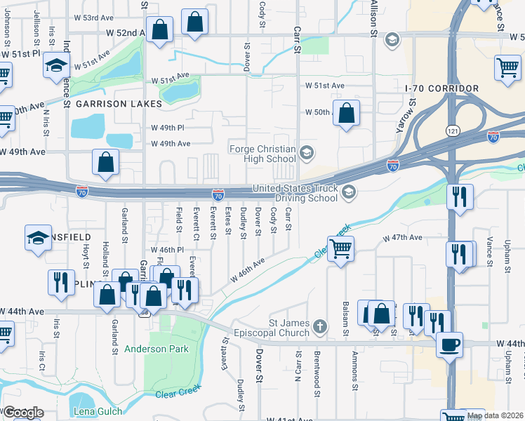 map of restaurants, bars, coffee shops, grocery stores, and more near 4776 Dover Street in Wheat Ridge