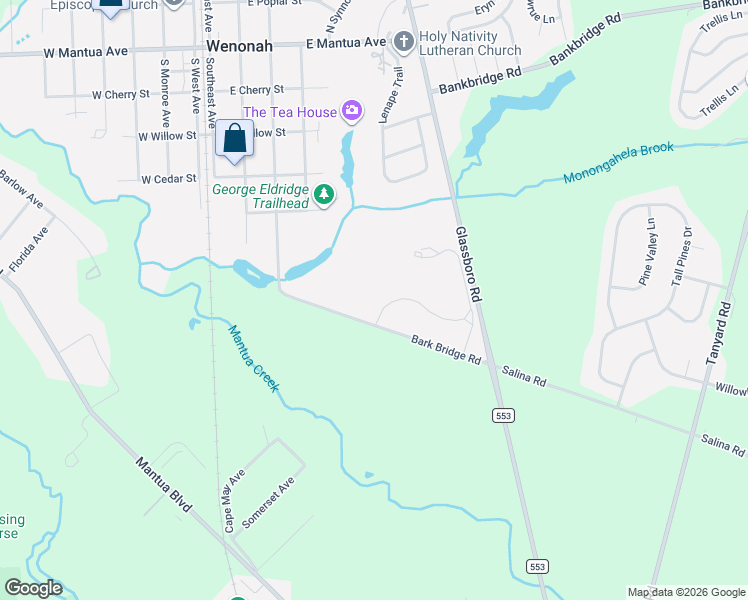 map of restaurants, bars, coffee shops, grocery stores, and more near 3 Shawnee Drive in Wenonah