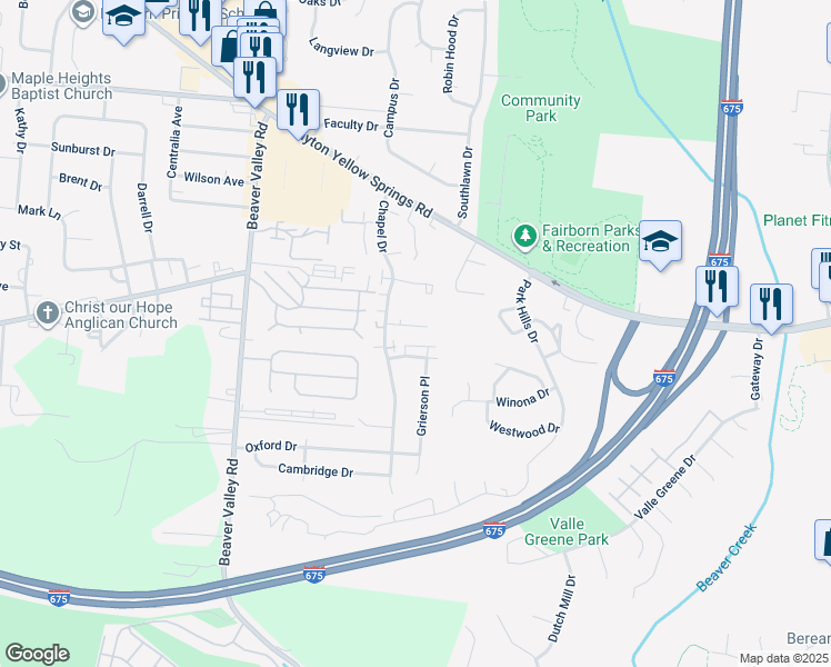 map of restaurants, bars, coffee shops, grocery stores, and more near 426 White Ash Court in Fairborn