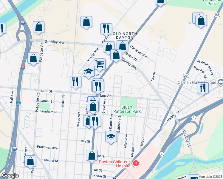 map of restaurants, bars, coffee shops, grocery stores, and more near 1600 Mack Avenue in Dayton