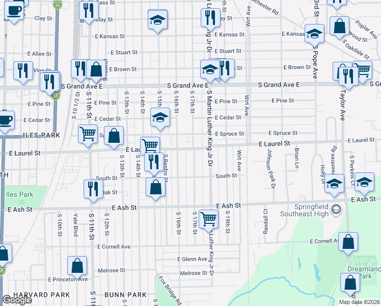 map of restaurants, bars, coffee shops, grocery stores, and more near 1805 South 17th Street in Springfield
