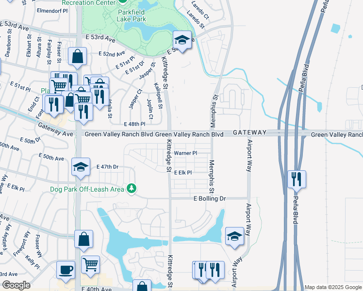 map of restaurants, bars, coffee shops, grocery stores, and more near 16046 Warner Drive in Denver