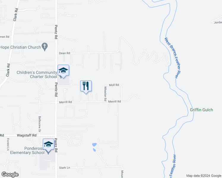 map of restaurants, bars, coffee shops, grocery stores, and more near 1900 Moll Road in Paradise